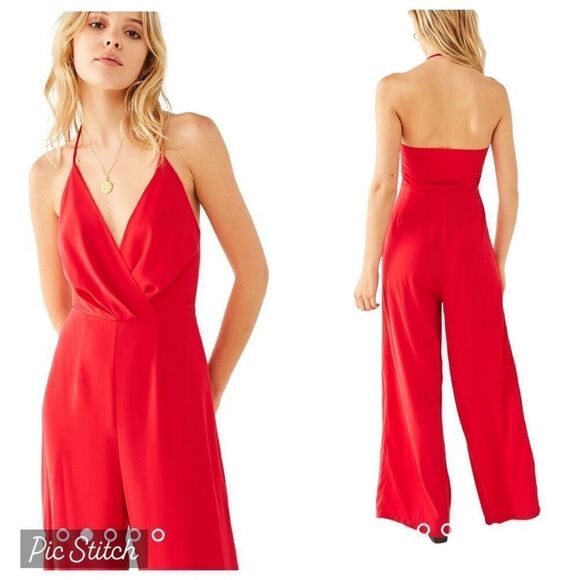 EUC! Urban Outfitters Red Surplice Halter Spaghetti Jumpsuit - Size 0 - Picture 1 of 7